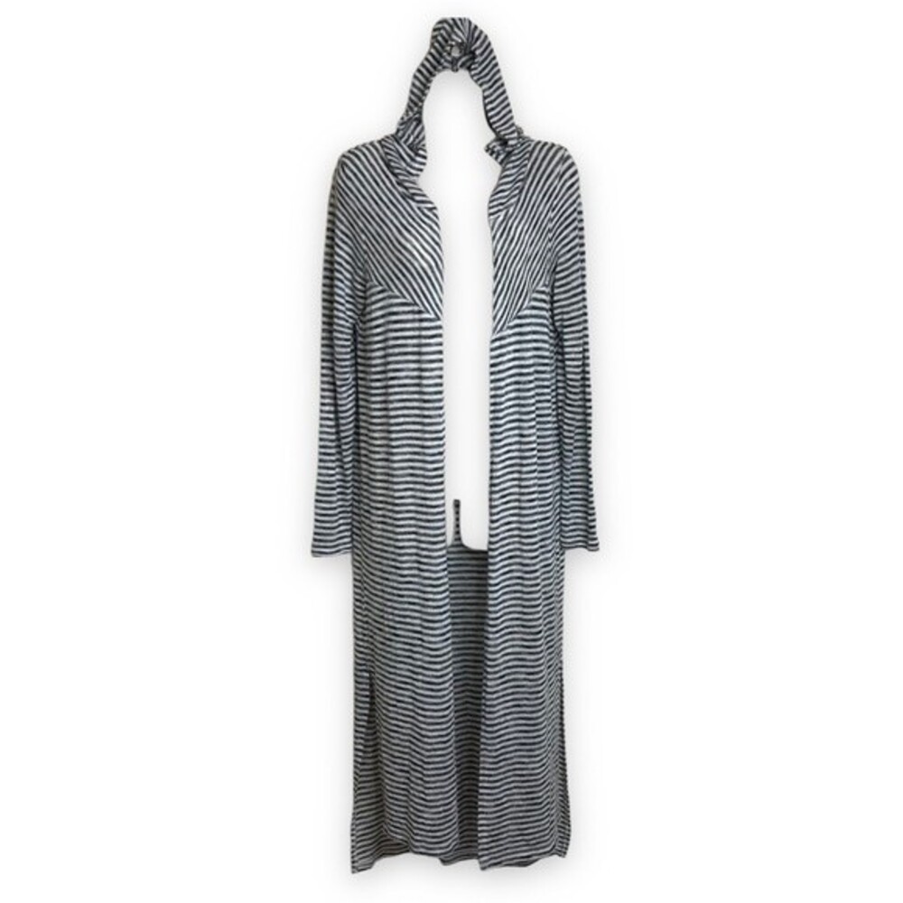 Copper Key Long Black White Stripe Duster Open Front Hooded Sweater Size Large